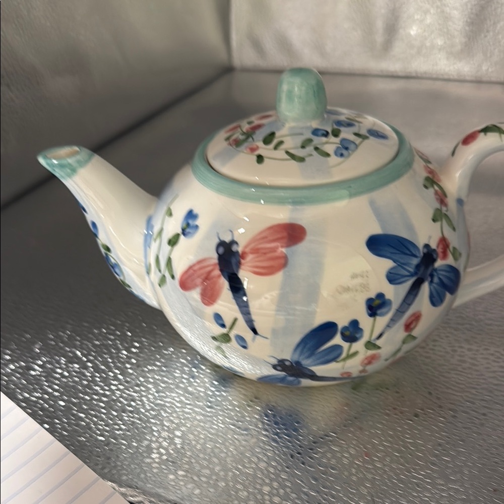 Vintage Hand Painted Floral Teapot with Dragonfly Design - Picture 2 of 8